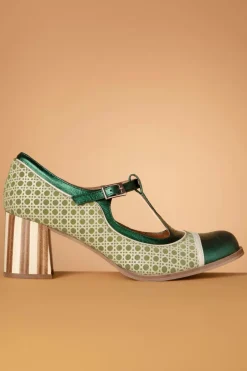 Nemonic Amelie Lederen T-Strap Pumps In Groen><noscript><img width=