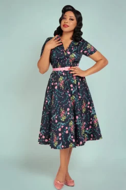 Collectif Clothing Caterina Hollyhocks Hooray Swing Jurk In Marineblauw>Vrouwen Plus Size Jurken