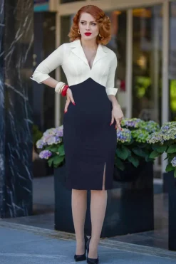 Glamour Bunny Business Babe Dianne Pencil Jurk In Wit En Marineblauw>Vrouwen Plus Size Jurken