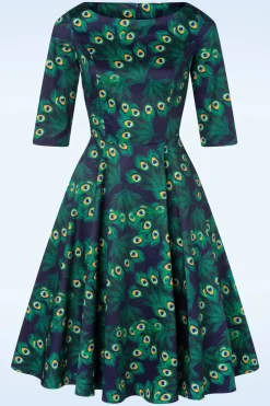 Topvintage Boutique Collection Exclusieve Bij Topvintage ~ Adriana Peacock Long Sleeve Swing Jurk In Marineblauw><noscript><img width=