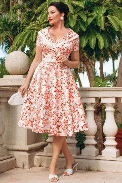 Vintage Diva Greta Swing Jurk In Wit Met Rode Rozen Print>Vrouwen Plus Size Jurken