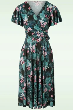 Vintage Chic for Topvintage Irene Tropische Gebloemde Overslagswingjurk In Zwart>Vrouwen Plus Size Jurken