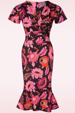 Vintage Chic for Topvintage Katie Floral Pencil Jurk In Zwart En Roze>Vrouwen Plus Size Jurken