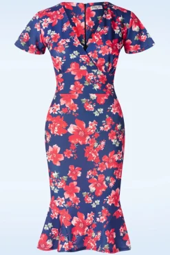 Vintage Chic for Topvintage Katie Floral Pencil Jurk In Marineblauw En Rood>Vrouwen Plus Size Jurken