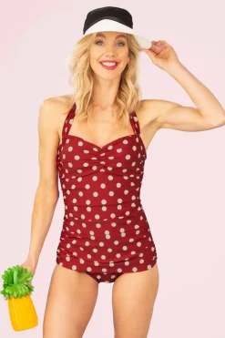 Esther Williams Klassiek Badpak Met Polkadots In Rood En Wit>Vrouwen Badpakken