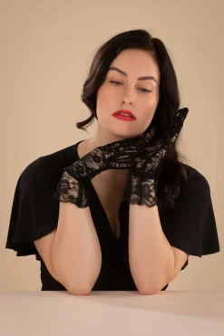 Pamela Mann Korte Handschoenen Met Bloemenkant In Zwart><noscript><img width=