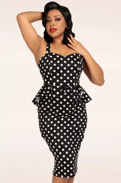 Collectif Clothing Lilla Polka Peplum Pencil Jurk In Zwart>Vrouwen Plus Size Jurken