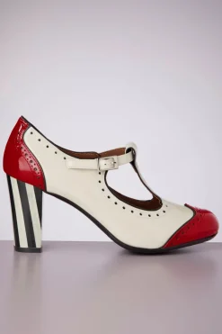 Nemonic Ojo T-Strap Pumps In Creme En Rood>Vrouwen Pumps