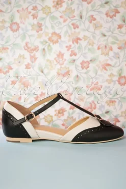 Charlie Stone Parisienne T-Strap Flats In Zwart En Creme>Vrouwen Ballerina's