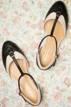 Charlie Stone Parisienne T-Strap Flats In Zwart En Creme>Vrouwen Ballerina's