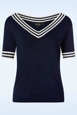 Vixen Sally Top Met Korte Mouwen En Gestreepte Halslijn In Marineblauw>Vrouwen Truitjes