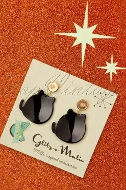 Glitz-o-Matic Schattige Kitty Oorbellen In Zwart En Goud><noscript><img width=