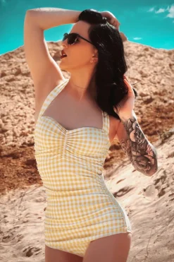Esther Williams Zomer Gingham Badpak Uit Een Stuk In Geel En Wit>Vrouwen Badpakken